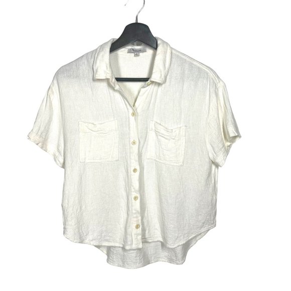 Madewell Tops - Madewell White Woven Short Sleeve Button Up Short Waist Linen Blend Top Small